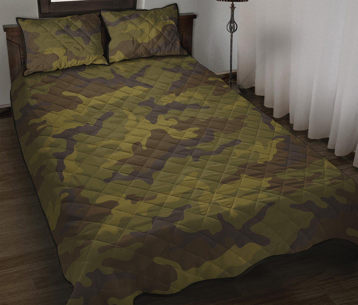 Brown Green Camouflage Print Quilt Bed Set