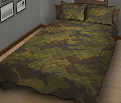 Brown Green Camouflage Print Quilt Bed Set