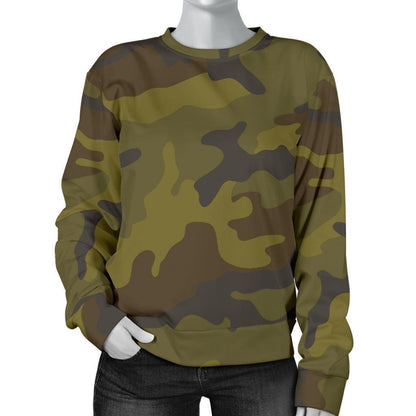 Brown Green Camouflage Print Women's Crewneck Sweatshirt GearFrost
