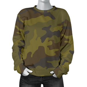 Brown Green Camouflage Print Women's Crewneck Sweatshirt GearFrost