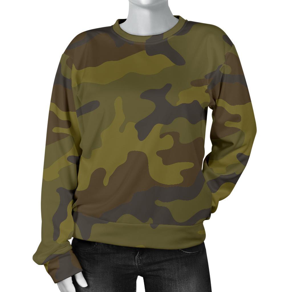 Brown Green Camouflage Print Women's Crewneck Sweatshirt GearFrost