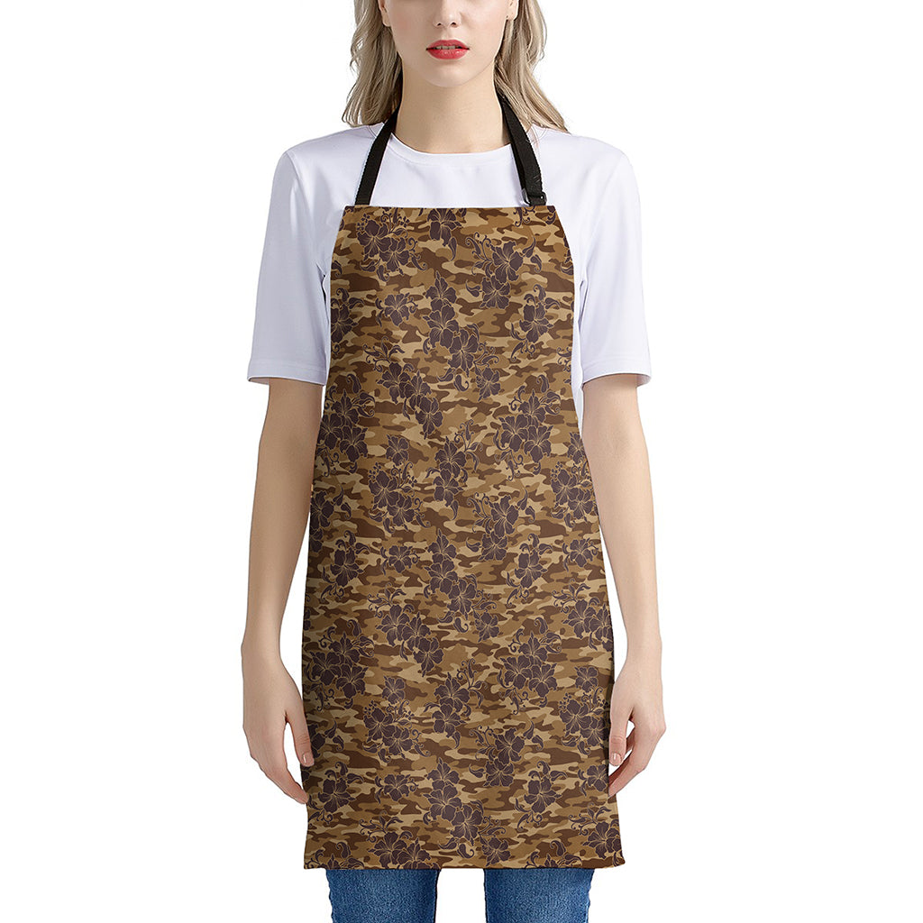 Brown Hawaiian Camo Flower Pattern Print Apron