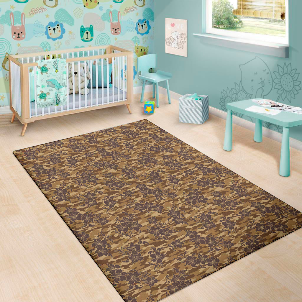 Brown Hawaiian Camo Flower Pattern Print Area Rug