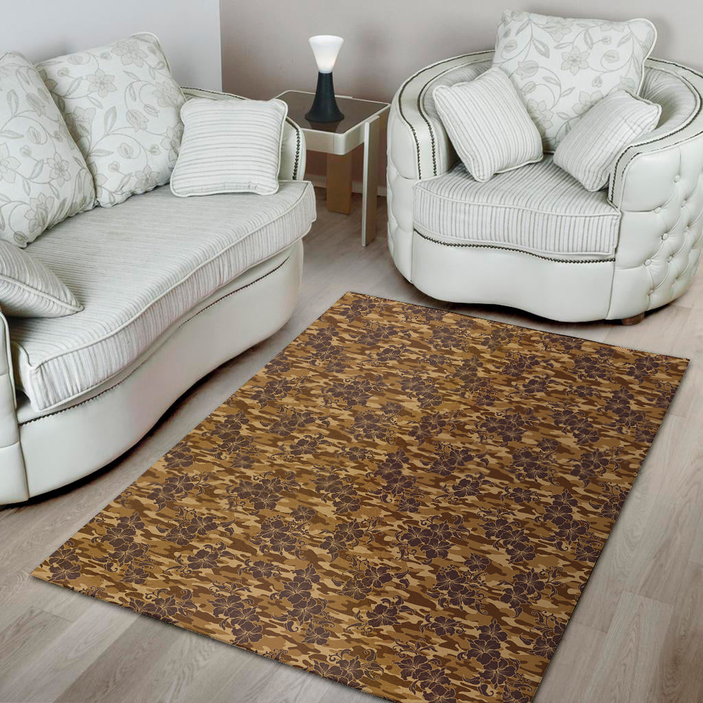 Brown Hawaiian Camo Flower Pattern Print Area Rug