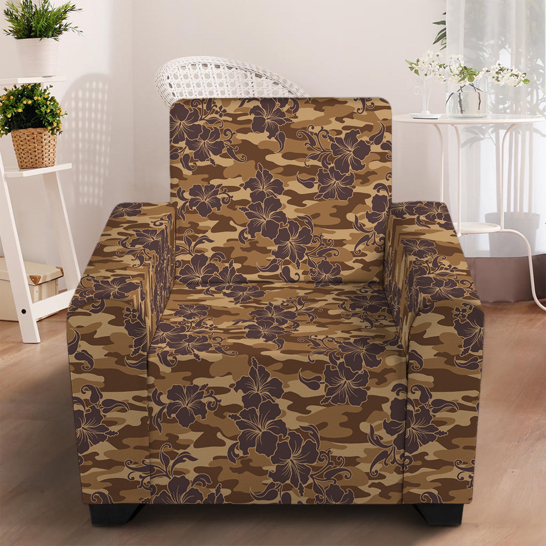 Brown Hawaiian Camo Flower Pattern Print Armchair Slipcover