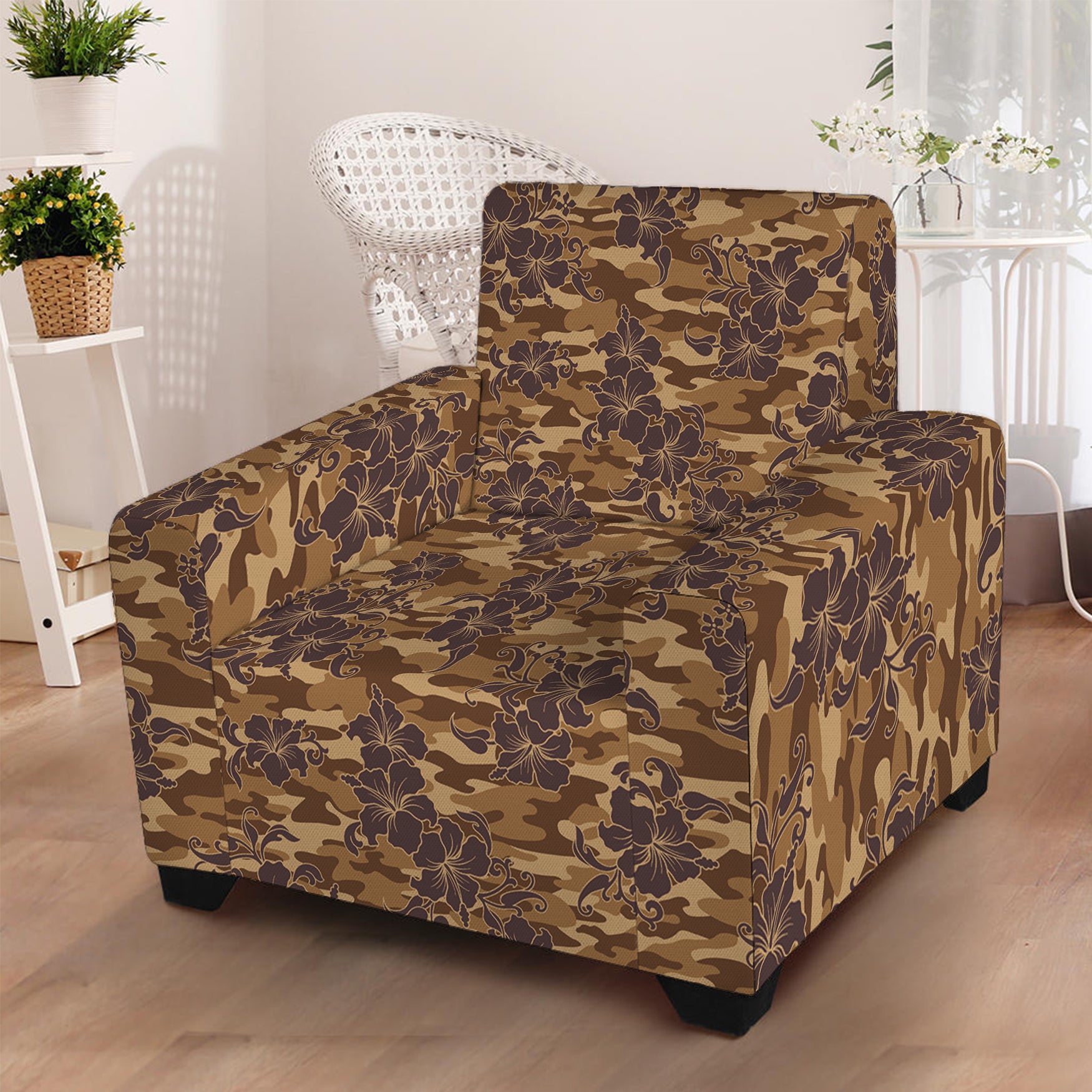 Brown Hawaiian Camo Flower Pattern Print Armchair Slipcover