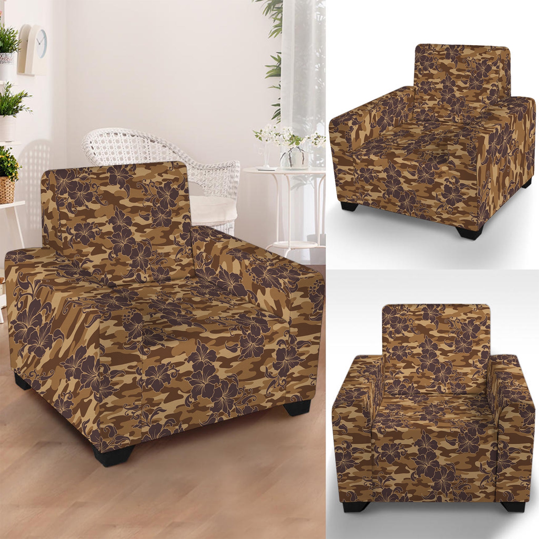 Brown Hawaiian Camo Flower Pattern Print Armchair Slipcover