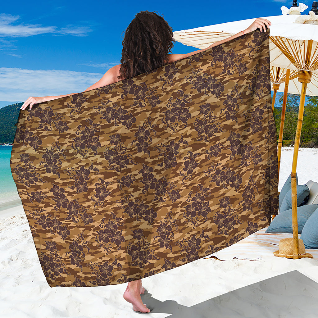 Brown Hawaiian Camo Flower Pattern Print Beach Sarong Wrap