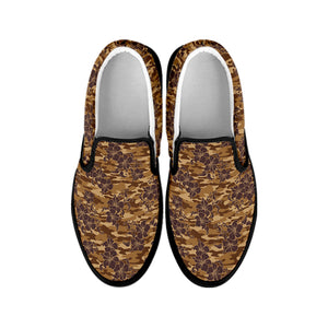 Brown Hawaiian Camo Flower Pattern Print Black Slip On Shoes