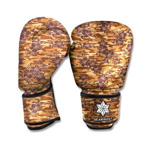 Brown Hawaiian Camo Flower Pattern Print Boxing Gloves