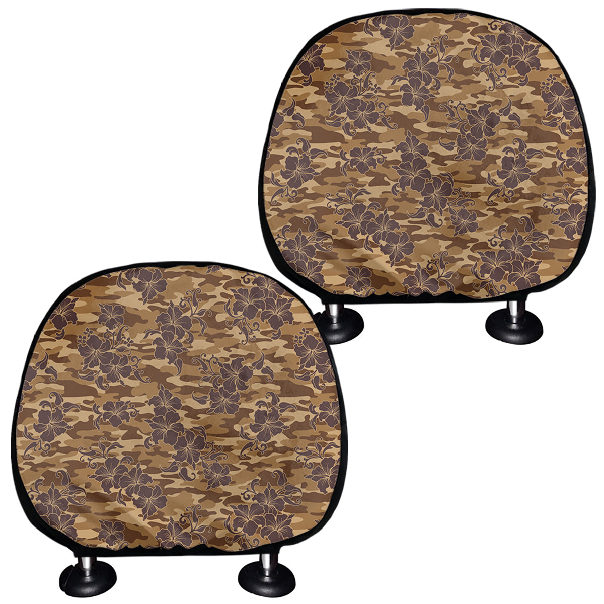 Brown Hawaiian Camo Flower Pattern Print Car Headrest Covers