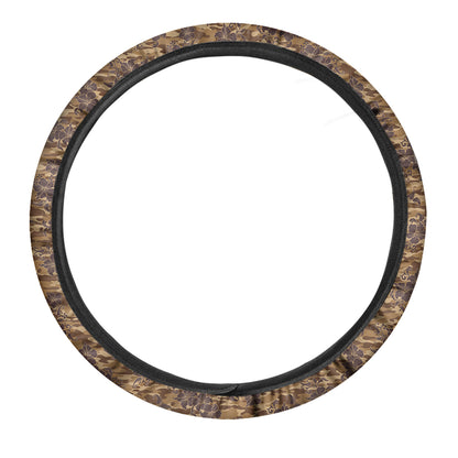 Brown Hawaiian Camo Flower Pattern Print Car Steering Wheel Cover