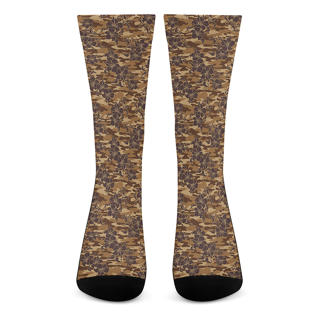 Brown Hawaiian Camo Flower Pattern Print Crew Socks