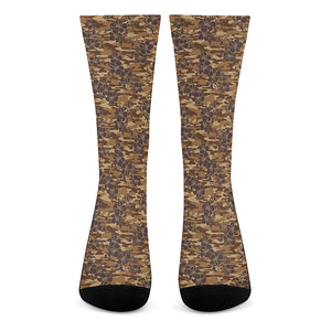 Brown Hawaiian Camo Flower Pattern Print Crew Socks