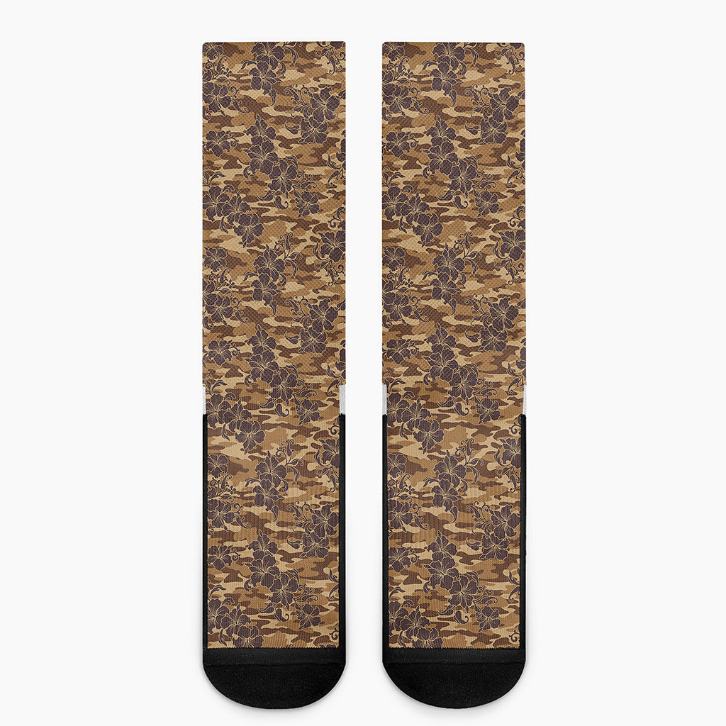 Brown Hawaiian Camo Flower Pattern Print Crew Socks