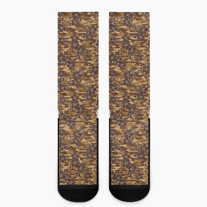 Brown Hawaiian Camo Flower Pattern Print Crew Socks