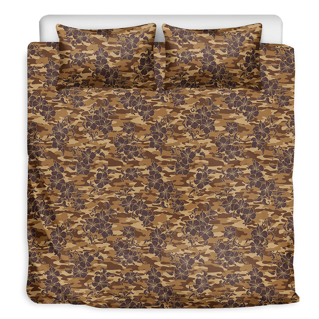 Brown Hawaiian Camo Flower Pattern Print Duvet Cover Bedding Set