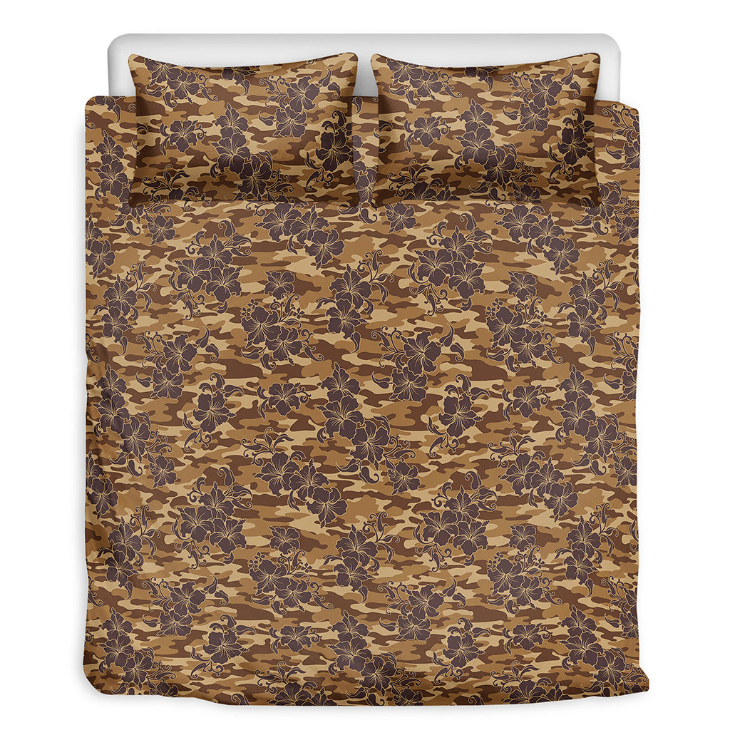 Brown Hawaiian Camo Flower Pattern Print Duvet Cover Bedding Set