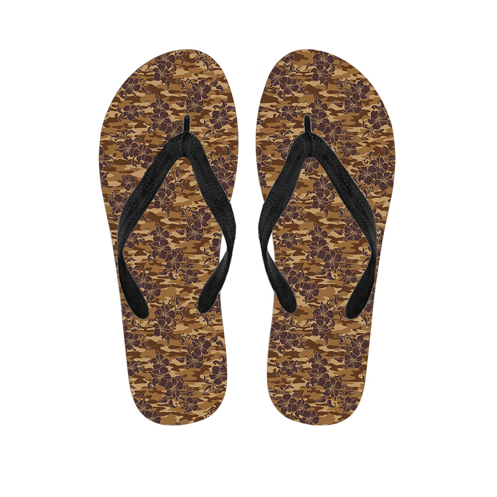 Brown Hawaiian Camo Flower Pattern Print Flip Flops