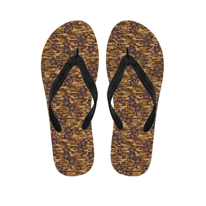 Brown Hawaiian Camo Flower Pattern Print Flip Flops