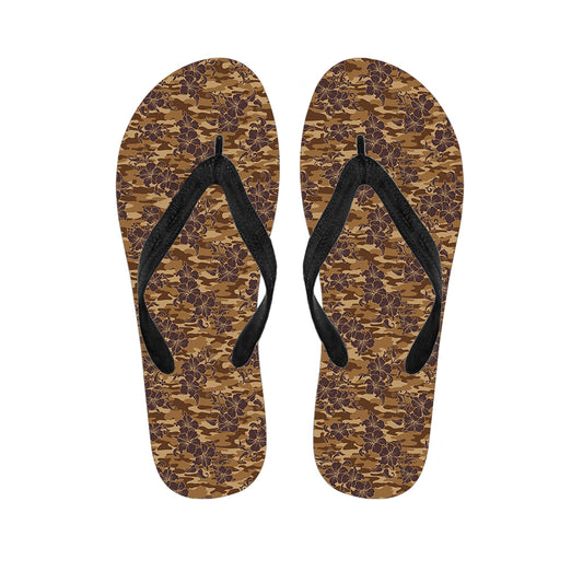 Brown Hawaiian Camo Flower Pattern Print Flip Flops