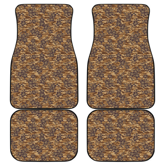 Brown Hawaiian Camo Flower Pattern Print Front and Back Car Floor Mats