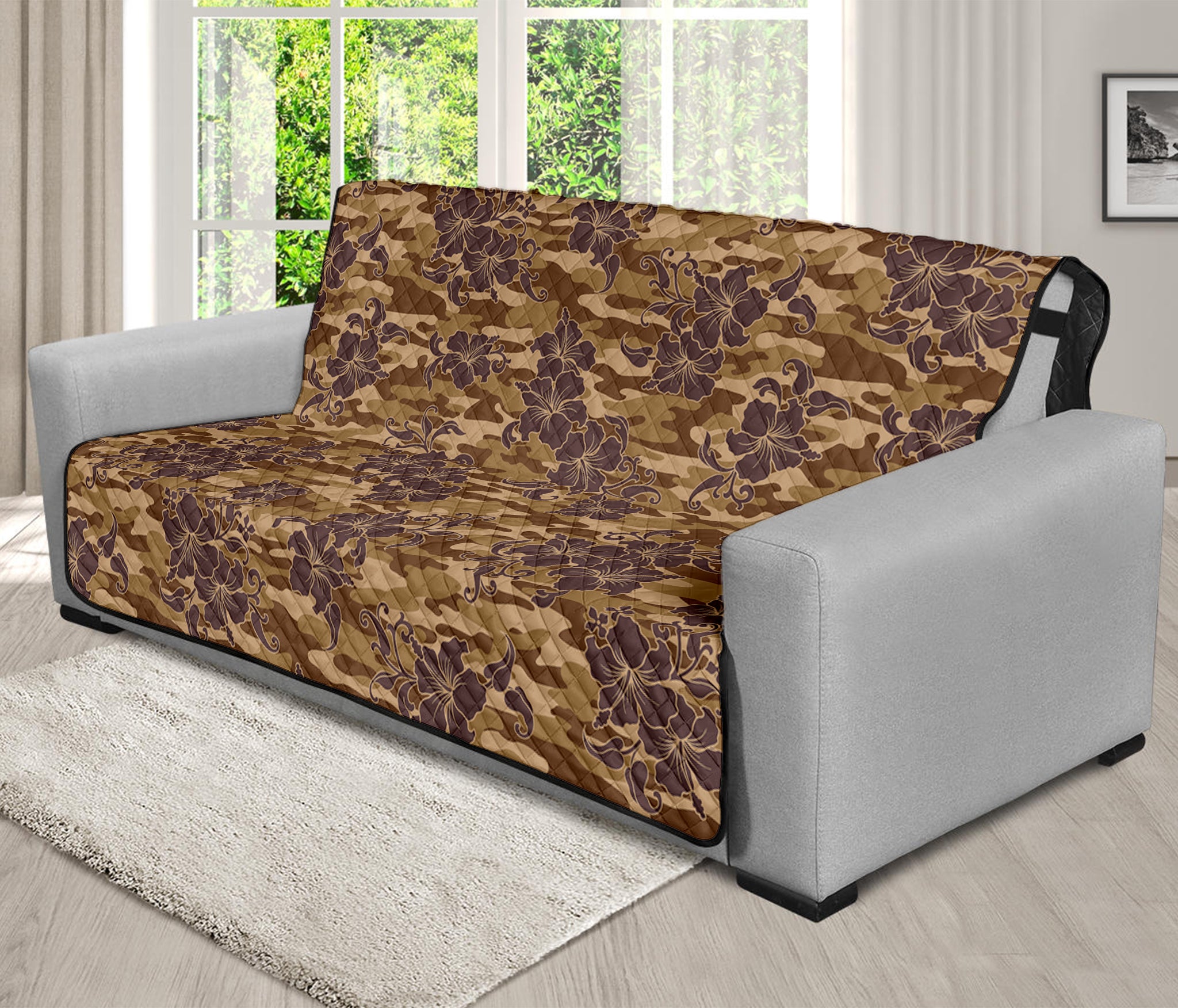 Brown Hawaiian Camo Flower Pattern Print Futon Protector