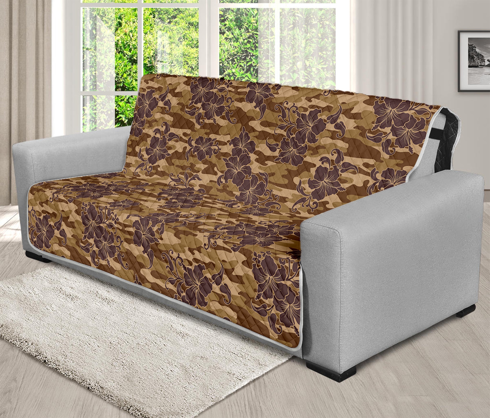 Brown Hawaiian Camo Flower Pattern Print Futon Protector