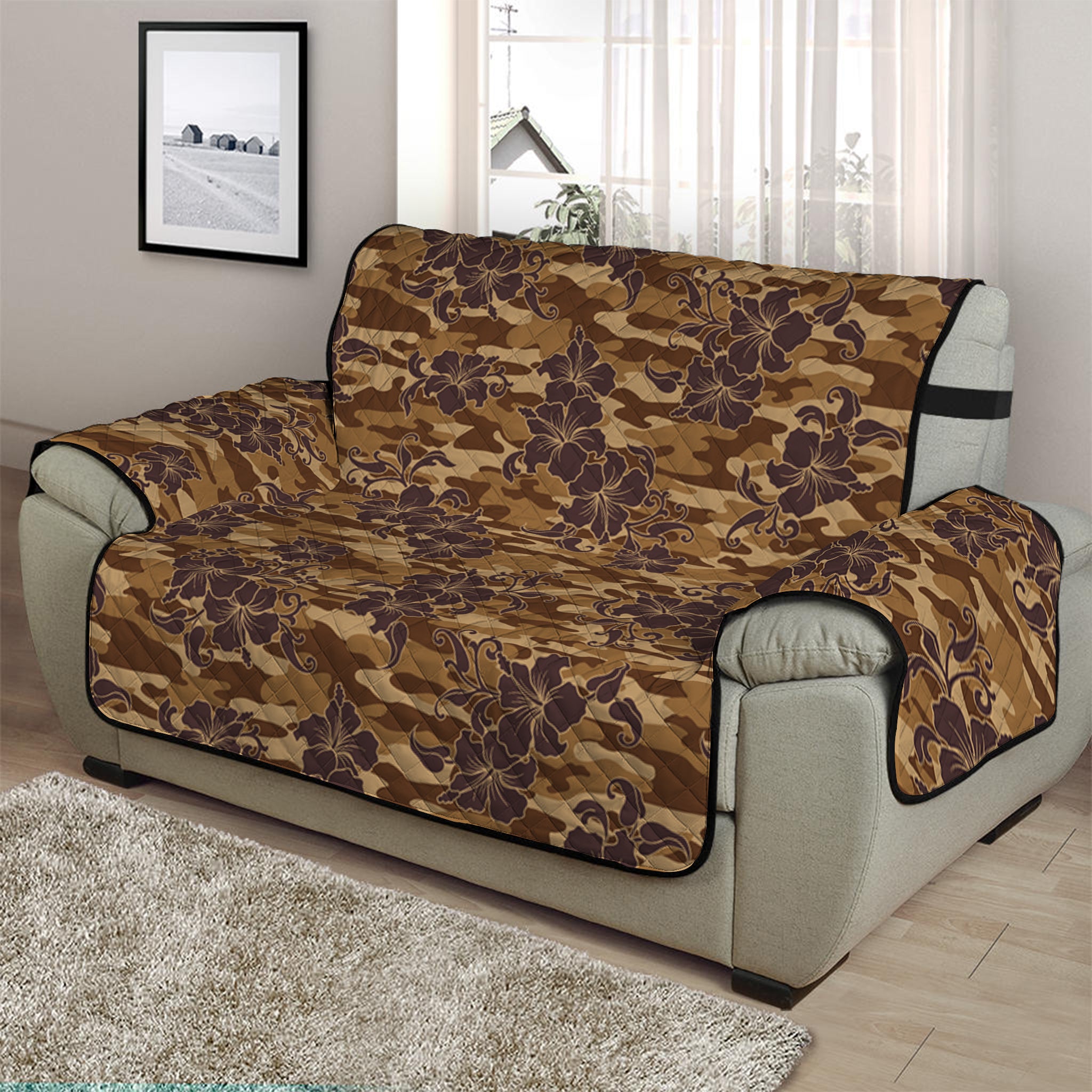 Brown Hawaiian Camo Flower Pattern Print Half Sofa Protector