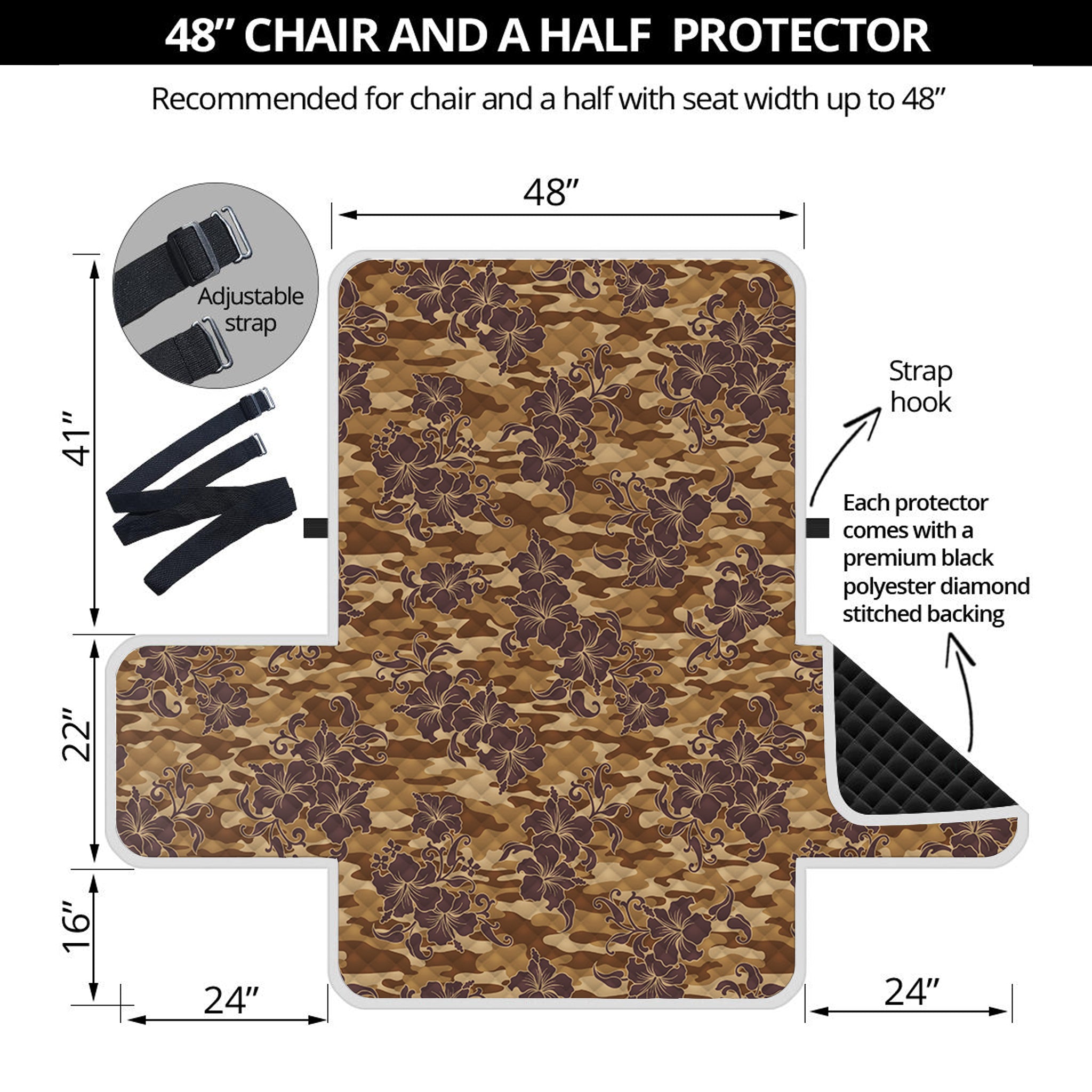 Brown Hawaiian Camo Flower Pattern Print Half Sofa Protector