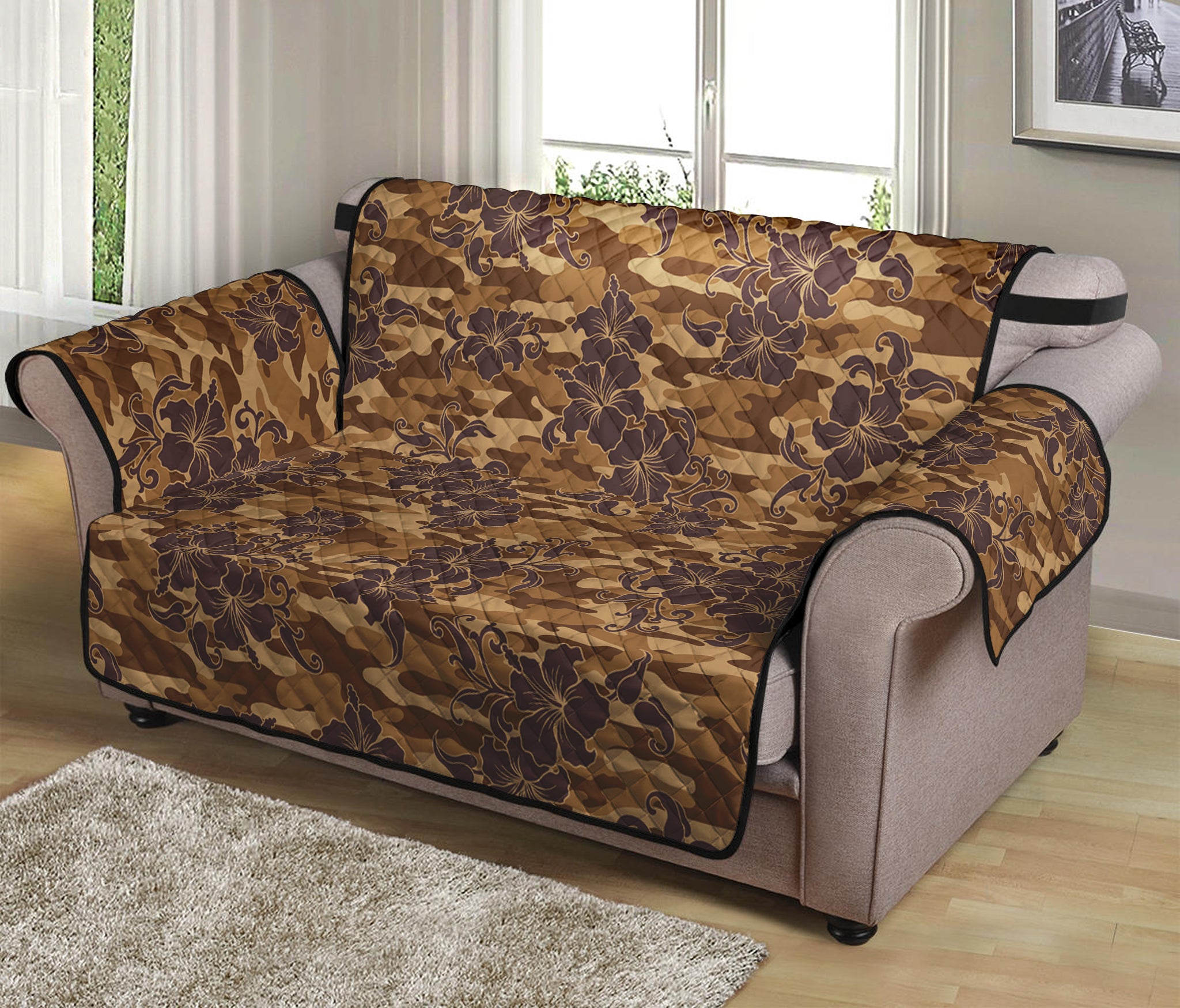 Brown Hawaiian Camo Flower Pattern Print Loveseat Protector