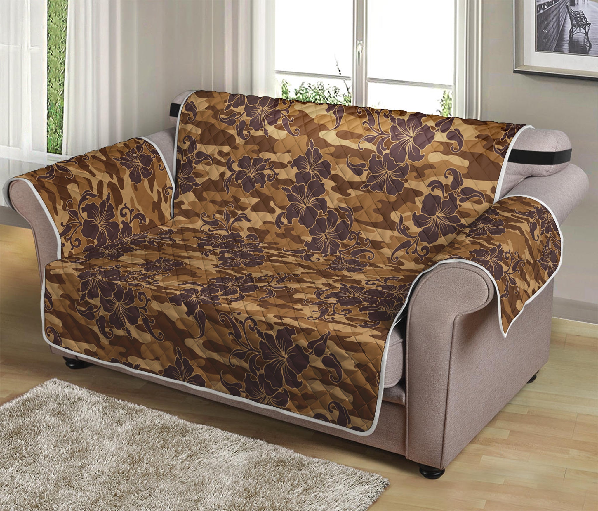 Brown Hawaiian Camo Flower Pattern Print Loveseat Protector