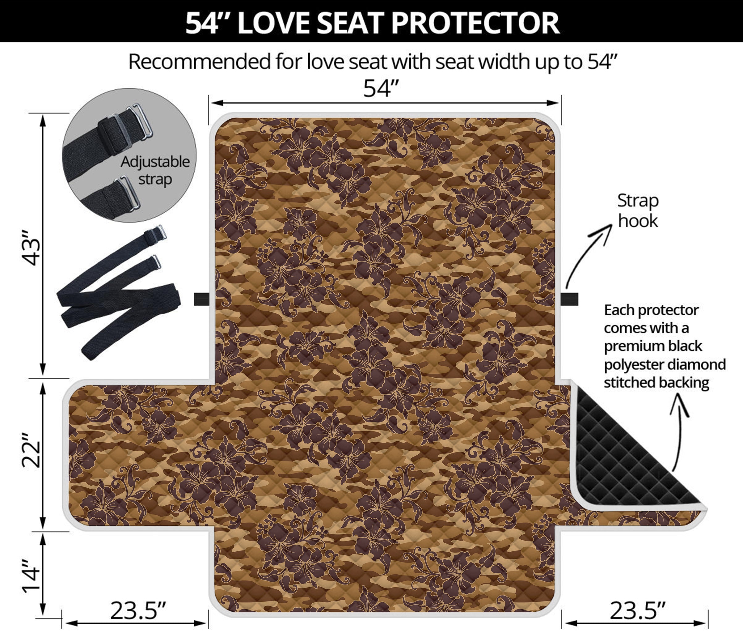 Brown Hawaiian Camo Flower Pattern Print Loveseat Protector