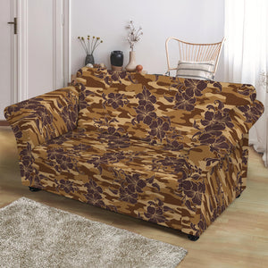 Brown Hawaiian Camo Flower Pattern Print Loveseat Slipcover