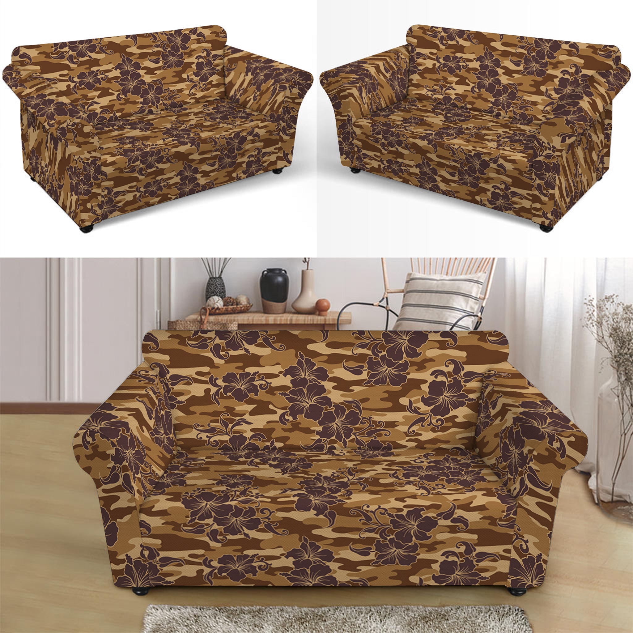 Brown Hawaiian Camo Flower Pattern Print Loveseat Slipcover