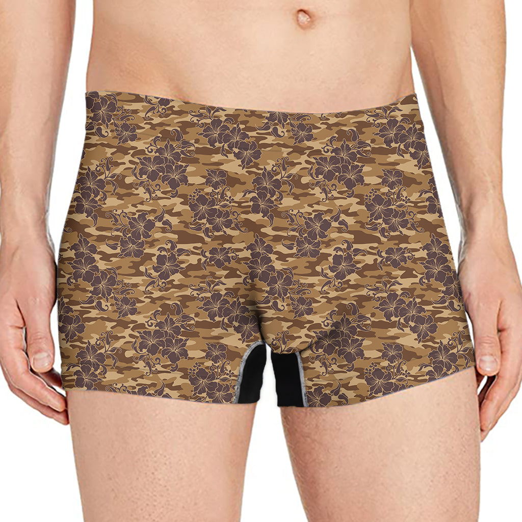 Brown Hawaiian Camo Flower Pattern Print Men's Boxer Briefs