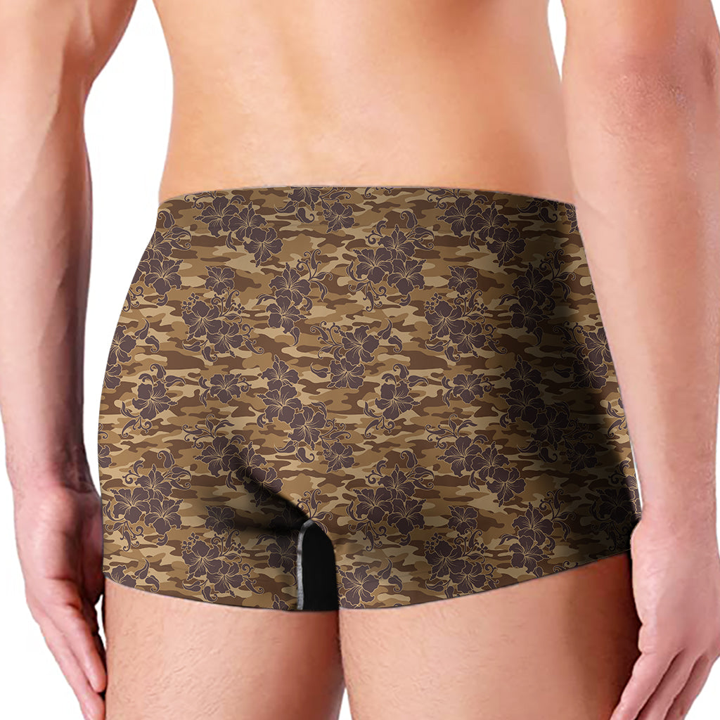 Brown Hawaiian Camo Flower Pattern Print Men's Boxer Briefs