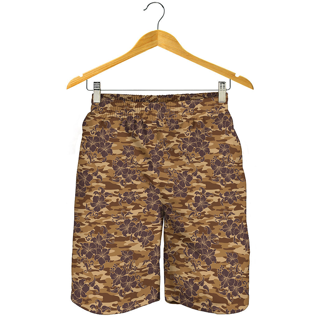 Brown Hawaiian Camo Flower Pattern Print Men's Shorts