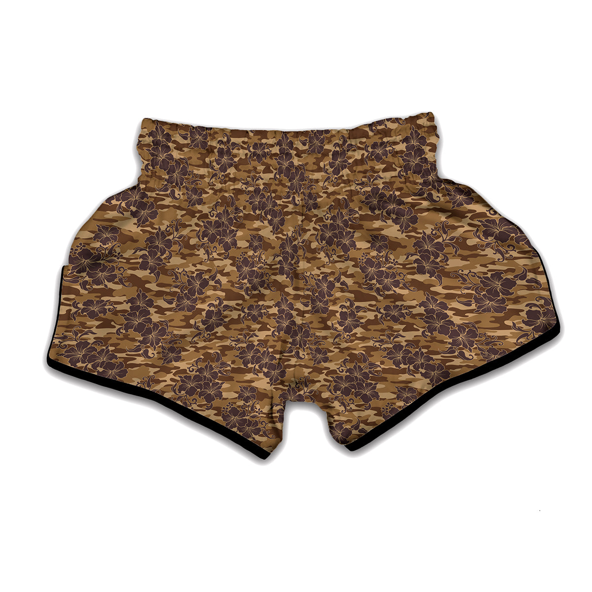 Brown Hawaiian Camo Flower Pattern Print Muay Thai Boxing Shorts