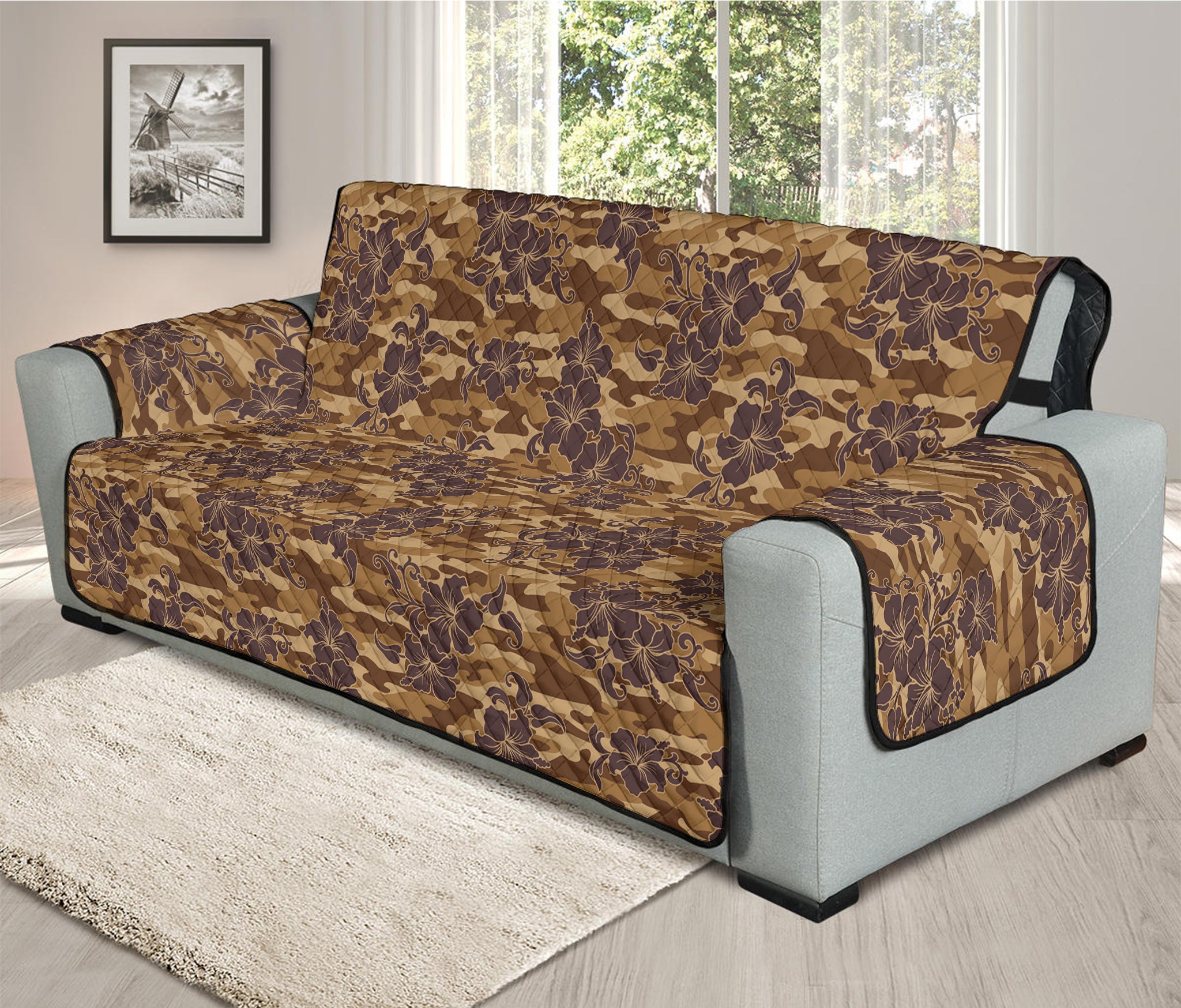 Brown Hawaiian Camo Flower Pattern Print Oversized Sofa Protector