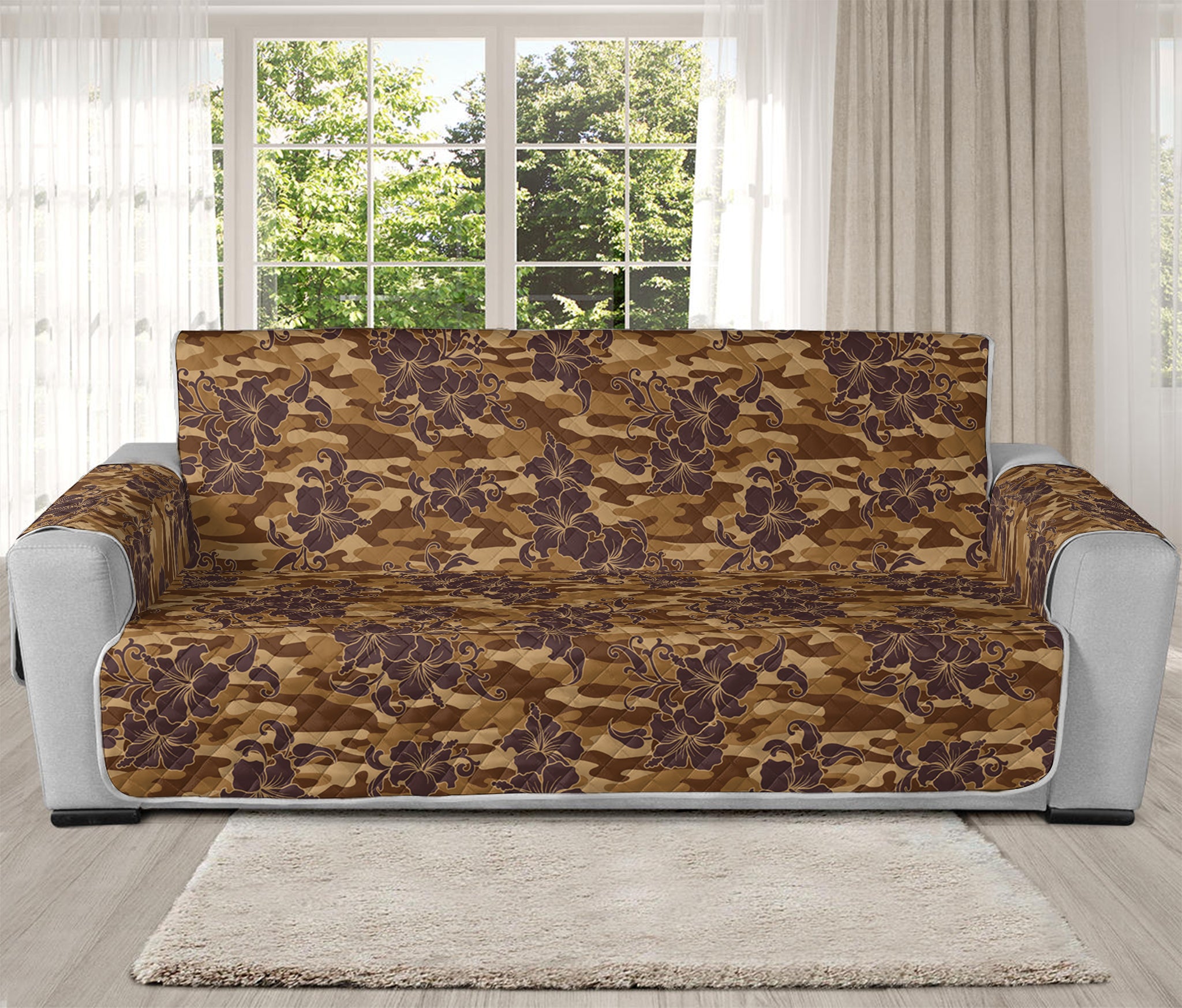 Brown Hawaiian Camo Flower Pattern Print Oversized Sofa Protector