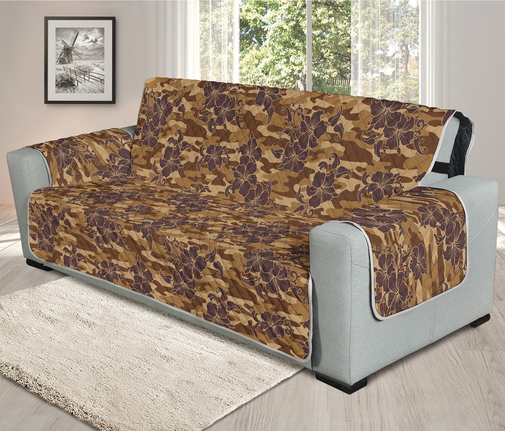 Brown Hawaiian Camo Flower Pattern Print Oversized Sofa Protector