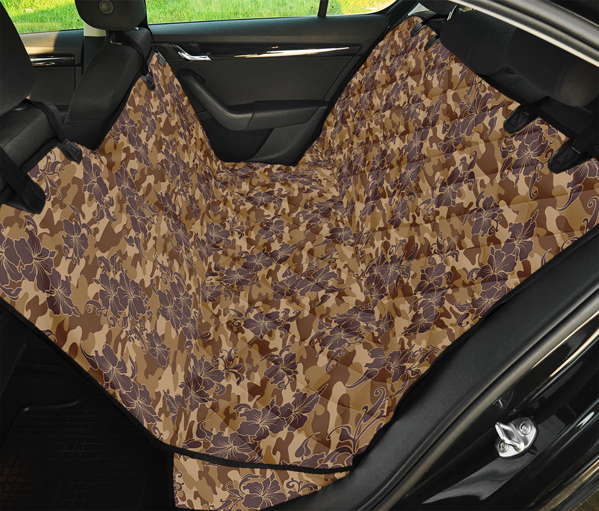 Brown Hawaiian Camo Flower Pattern Print Pet Car Back Seat Cover