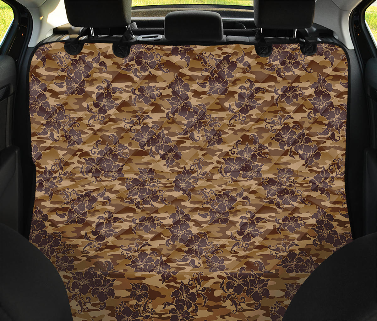 Brown Hawaiian Camo Flower Pattern Print Pet Car Back Seat Cover