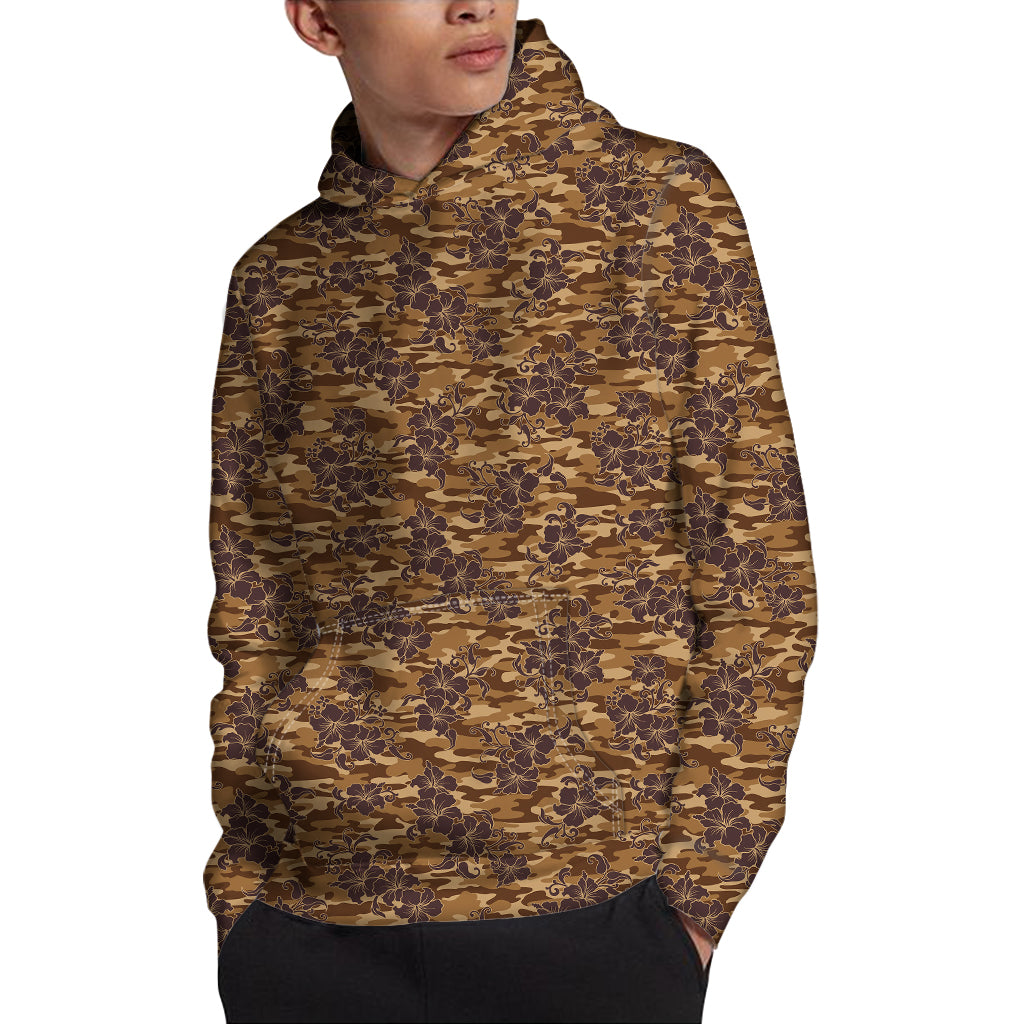 Brown Hawaiian Camo Flower Pattern Print Pullover Hoodie