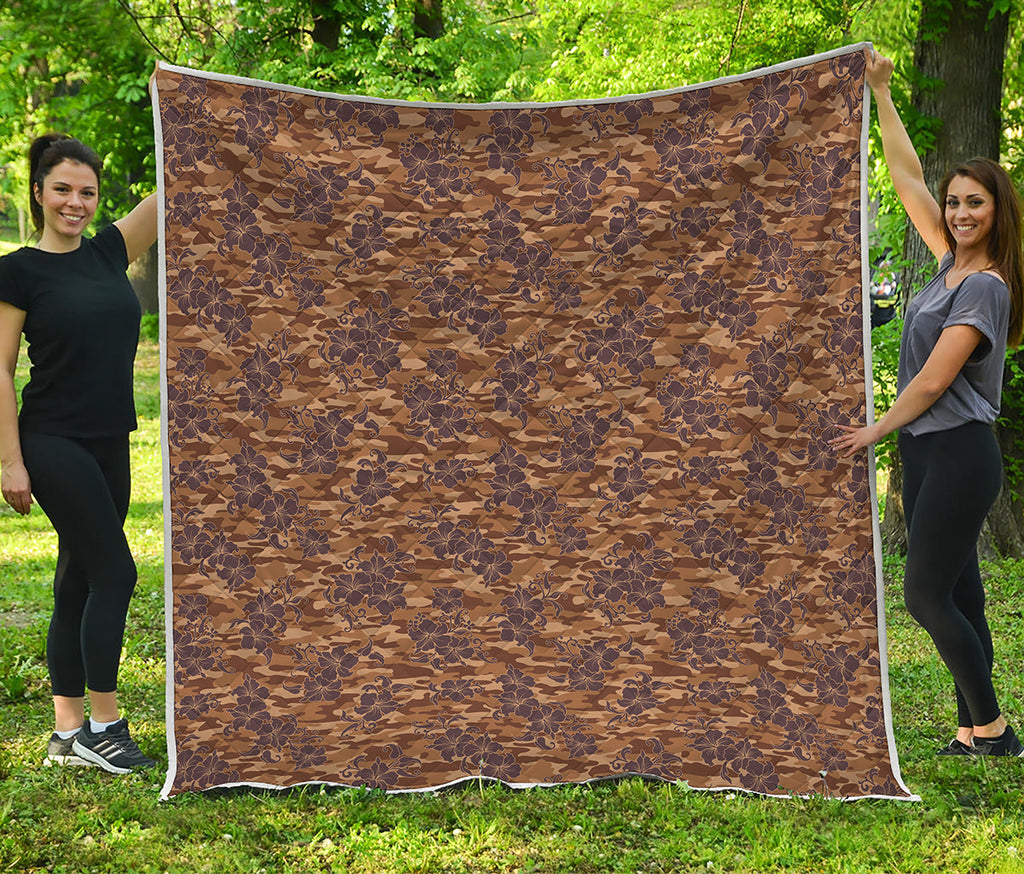 Brown Hawaiian Camo Flower Pattern Print Quilt