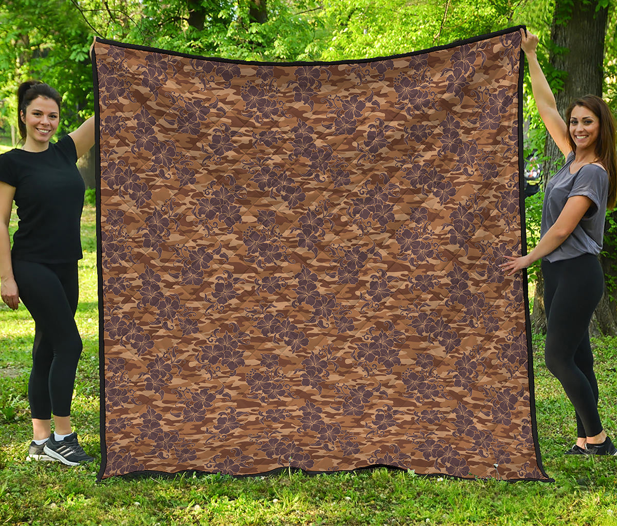 Brown Hawaiian Camo Flower Pattern Print Quilt