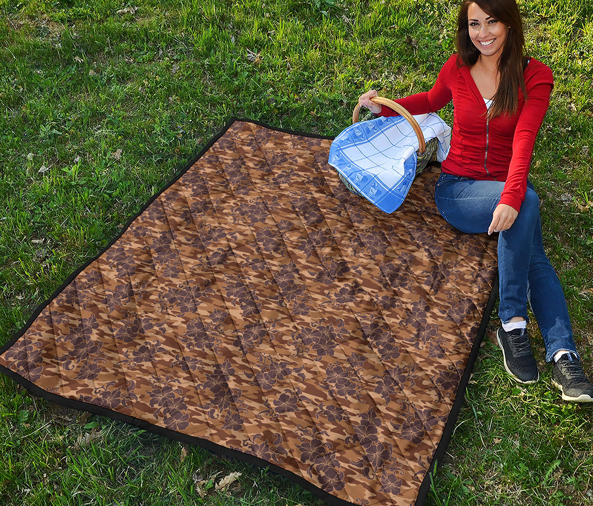 Brown Hawaiian Camo Flower Pattern Print Quilt