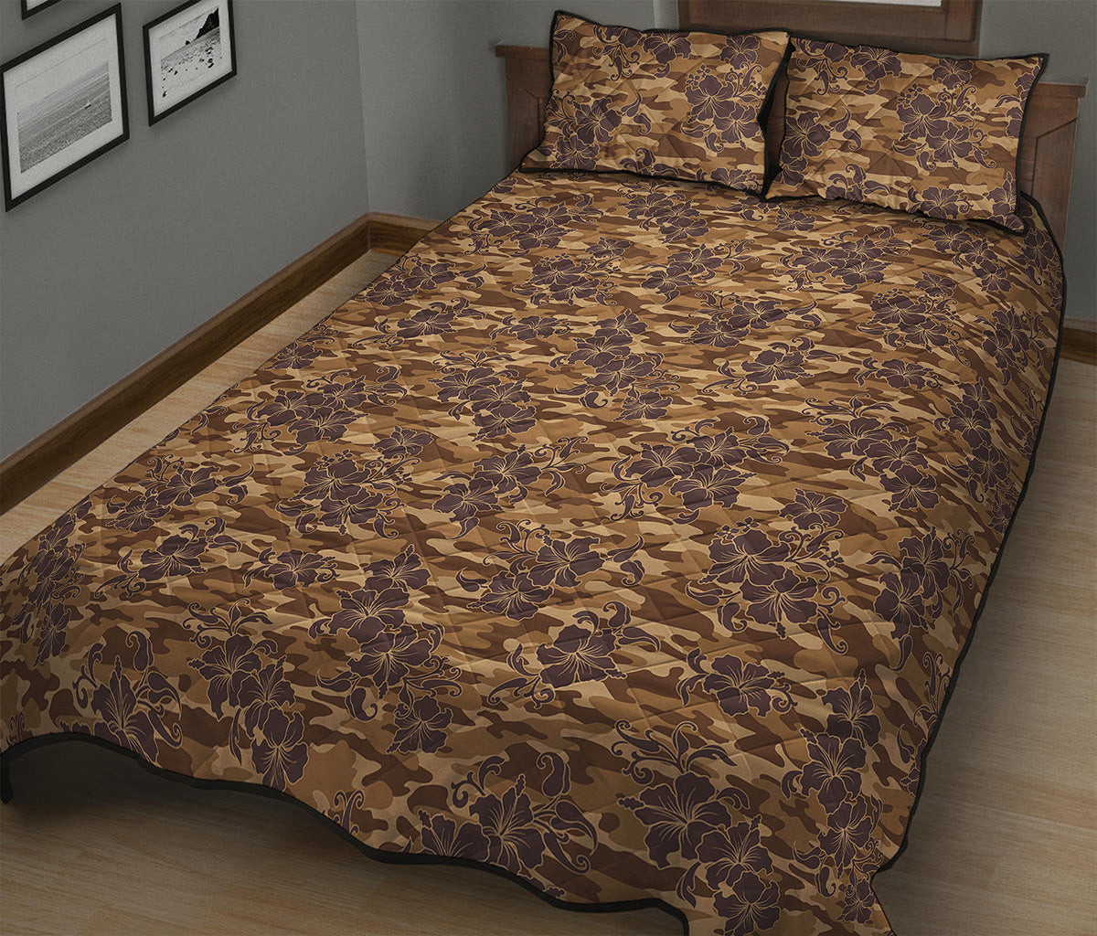 Brown Hawaiian Camo Flower Pattern Print Quilt Bed Set