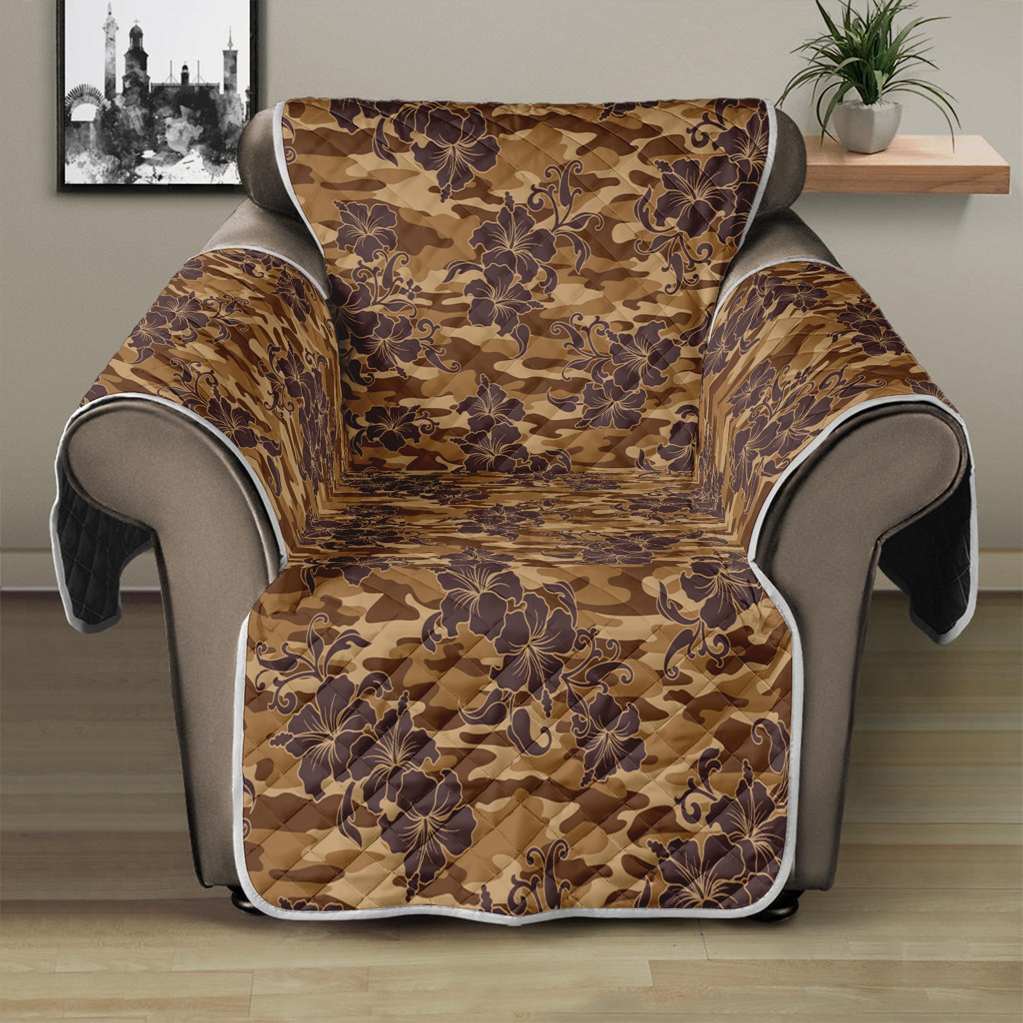 Brown Hawaiian Camo Flower Pattern Print Recliner Protector